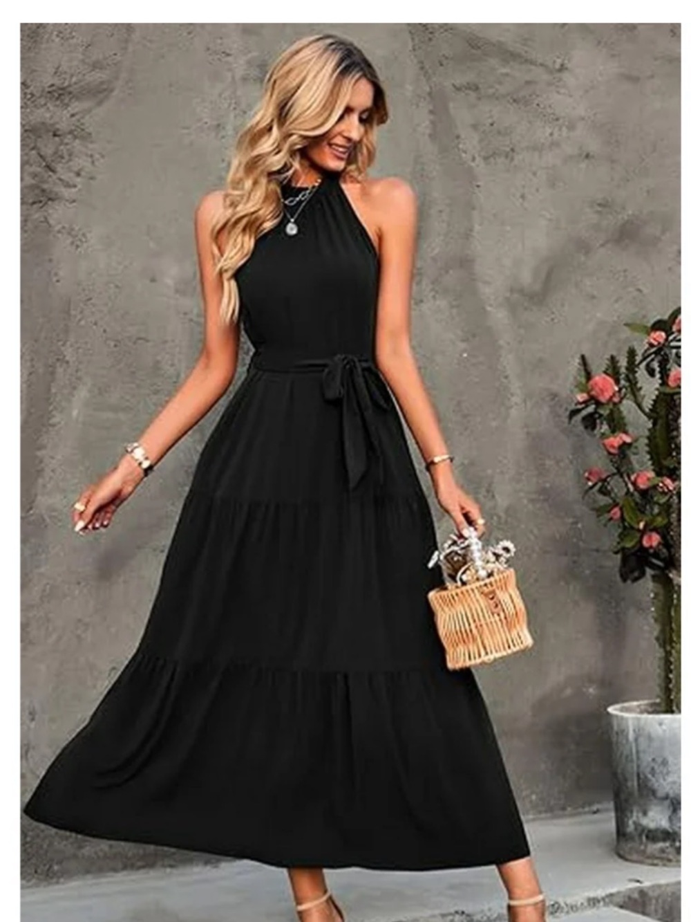 Classic Black Halter Tiered Maxi Dress